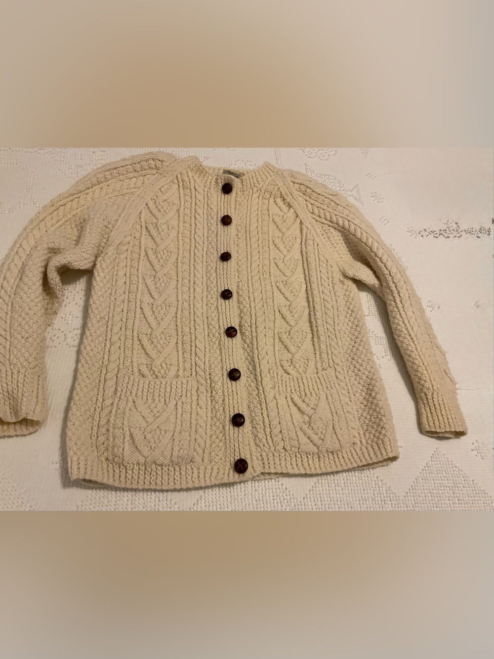 Vintage Blarney Woolen Mills Hand knit Cardigan, L, Ivory, Cozy Cottagecore, EUC